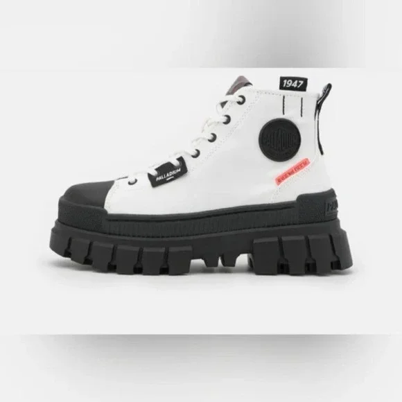 NEW Palladium Black White Canvas Chunky Lug Sole Y2K High Top Vegan Combat Boots - Picture 7 of 13
